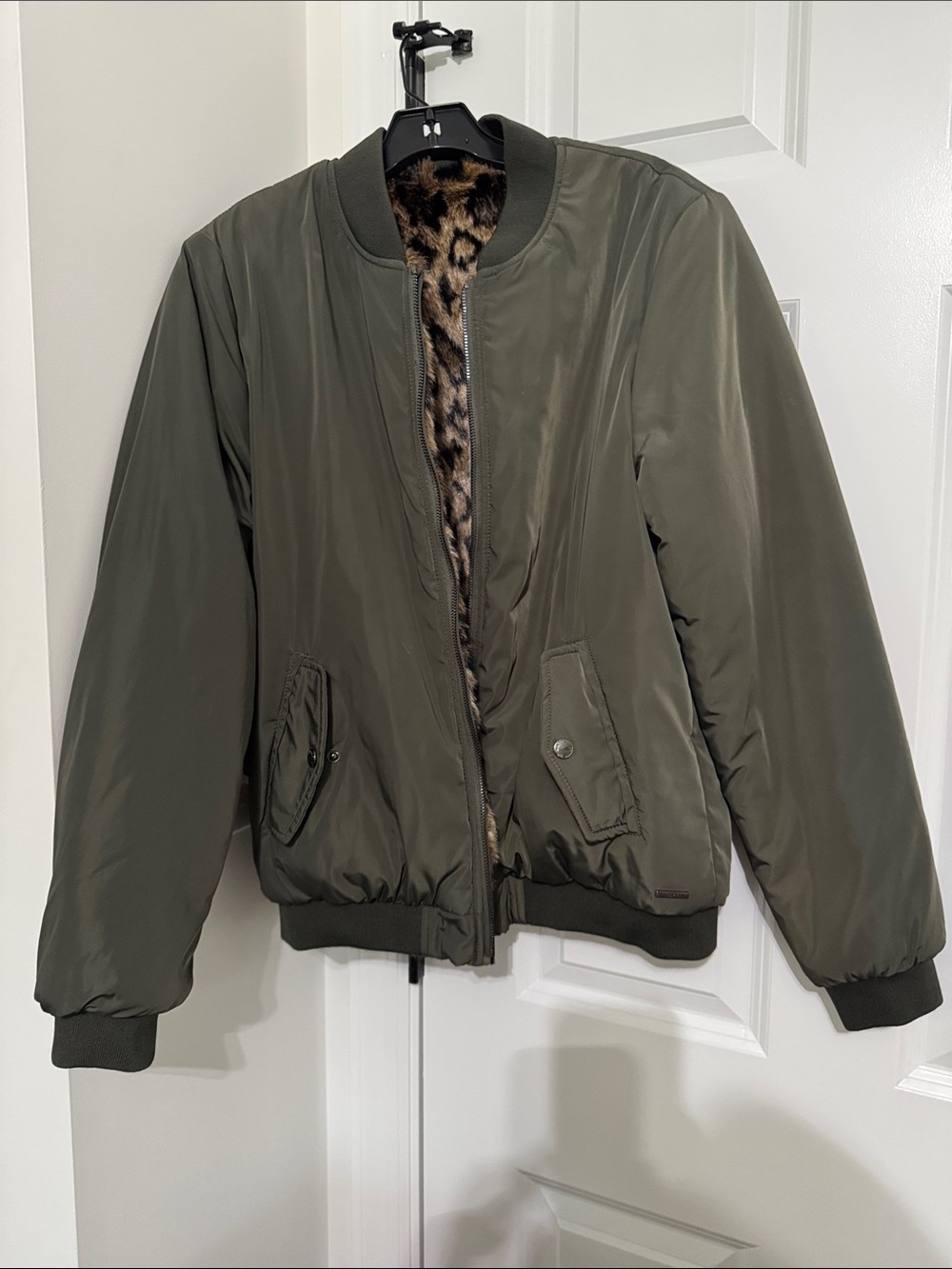 Reversible Women's Olive Green Bomber Jacket with Leopard Faux-Fur Lining